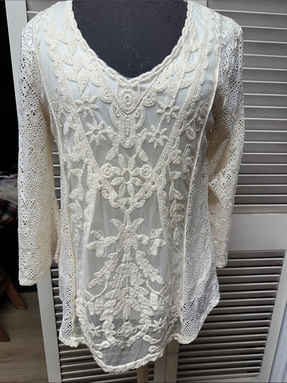 Reba Cream Lace Crochet V-Neck Tunic